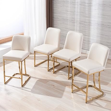 BESTANO Mid-Century Modern Gold Counter Height Bar Stools with Back, 24" Leather Upholstered Counter Stool Chairs for Kitchen Island Set of 4, Beige Woven Faux Leather