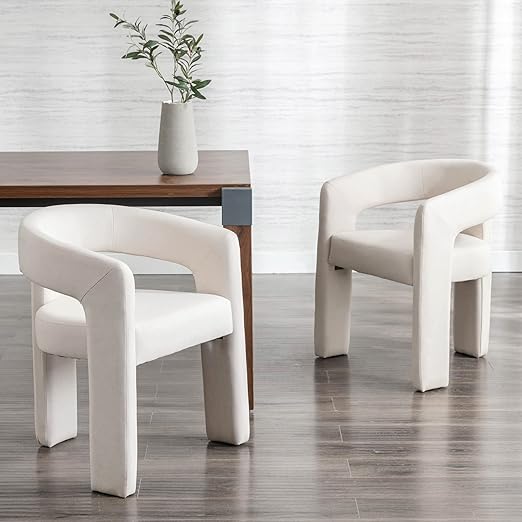 BESTANO Set of 6 Modern Linen Fabric Upholstered Dining Chairs with Open-Back, Cute Barrel Side Chairs Kitchen Armchair Accent Chairs for Dining Room Bedroom, Ivory