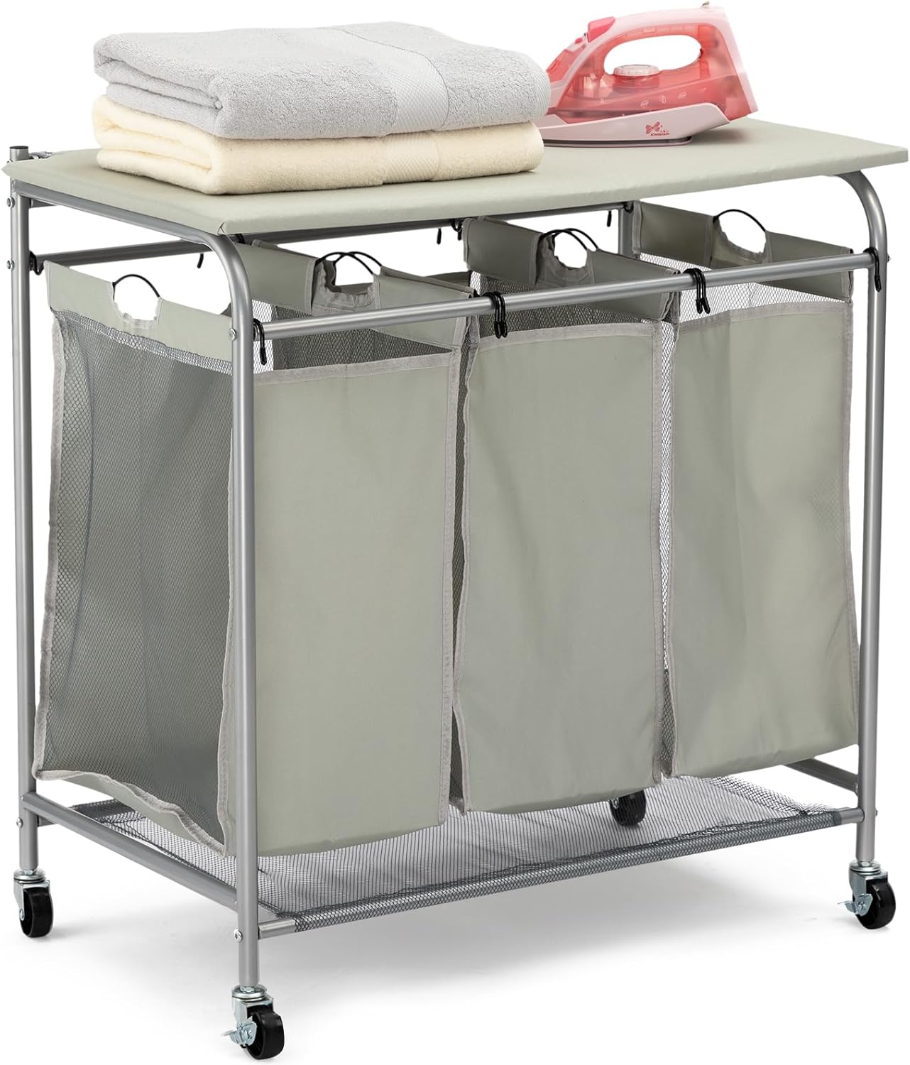 HollyHOME Laundry Basket Sorter with Ironing Board and 4 Wheels,Laundry Hamper with Sturdy Bags for Laundry Room Grey