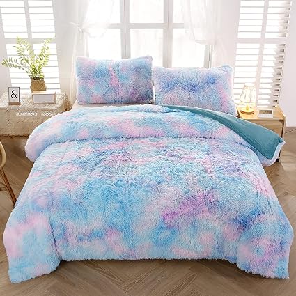 SUCSES Faux Fur Duvet Cover Set Twin Size, Tie Dye Rainbow Plush Shaggy Girls Bedding Set, Soft Velvet Fluffy Fuzzy Ombre Comforter Cover Set (Blue Purple, Twin)