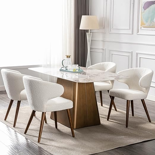 BESTANO White Sherpa Dining Chairs Set of 4 Modern Boucle Chairs with Comfy Curved Back, Upholstered Dining Room Chairs for Kitchen, White