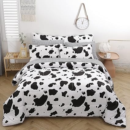 SUCSES Cow Print Comforter Set Twin Size 8 Pieces Cowhide Bed in A Bag Black and White Geometric Kids Bedding Set Lightweight Microfiber Bed Sets for Boys Girls