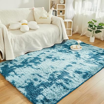 SUCSES Faux Fur Rugs for Living Room Bedroom Tie Dye Plush Shaggy Furry Area Rugs for Teens Girls Rainbow Non-Skid Fluffy Kids Playroom Indoor Carpet (3ft x 5ft, Navy Blue)