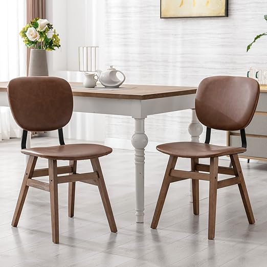 Mid Century Modern Dining Chairs Set of 2, Faux Leather Upholstered Kitchen Chairs with Hardwood Legs and Back Farmhouse Accent Side Dining Room Chairs, PU Brown