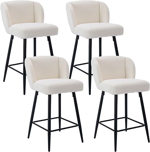 BESTANO Counter Height Bar Stools Set of 4 Modern Bar Chairs with Mid Back Sherpa Upholstered Barstools with Metal Footrest 26 Inch Island Chairs for Kitchen Counter/Home Bar, White