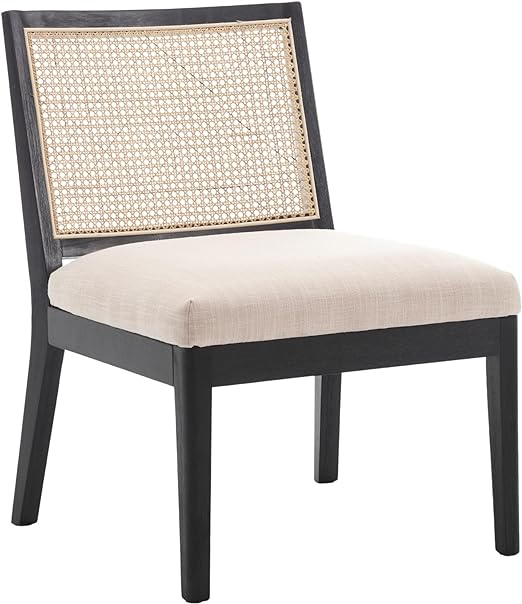 BESTANO Rattan Accent Chairs Mid Century Mordern Black Wooden Accent Armless Chair with Rectangle Cane Back Farmhouse Upholstered Patio Chairs for Living Room Bedroom Reading Indoor, Beige Linen