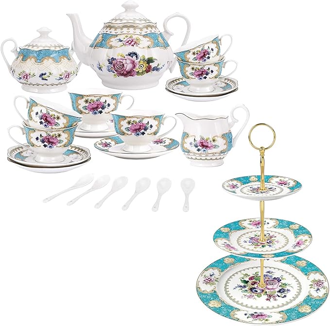 fanquare Floral Porcelain Tea Set for 6, Blue Floral 3 Tier Porcelain Cupcake Stand, Complementary China Tea Party Set for Women