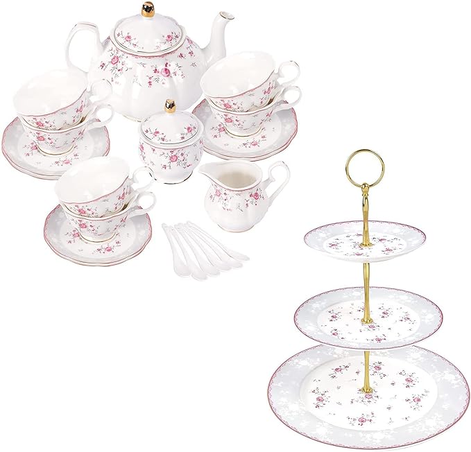 fanquare Floral Porcelain Tea Set for 6, Pink Rose 3 Tier Porcelain Cupcake Stand, Complementary China Tea Party Set for Birthday