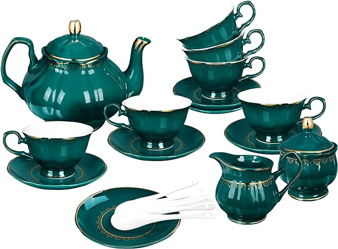 fanquare 21 Piece Vintage Porcelain Tea Set, Dark Green China Coffee Service for 6, Teapot, Small Tea Cup with Gold Trim