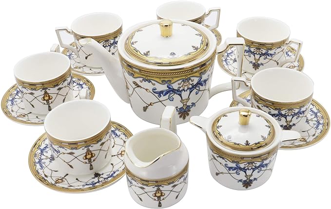 fanquare 15 Pieces Porcelain Tea Sets British Royal Series, Blue Vintage Pattern China Coffee Set, Tea Service for Adults