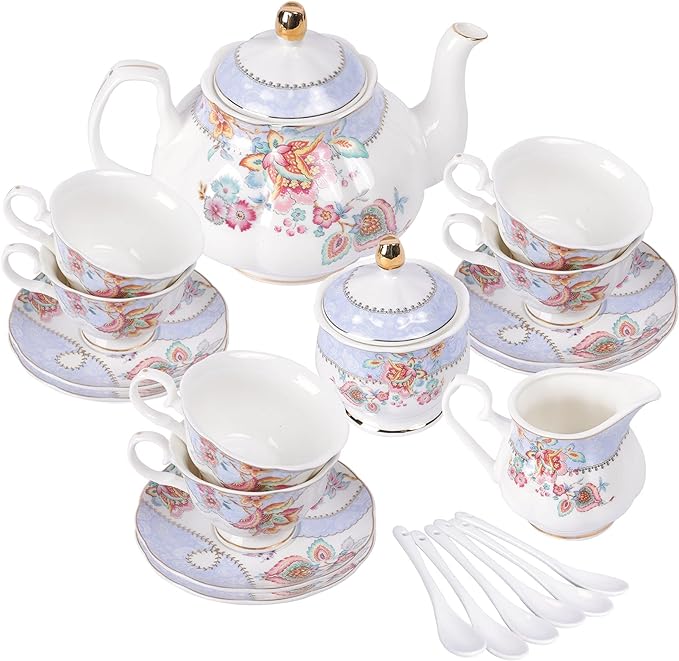 fanquare Purple Flowers Porcelain Tea Set, Tea Cup and Saucer Set, Wedding Tea Service for 6, China Coffee Set