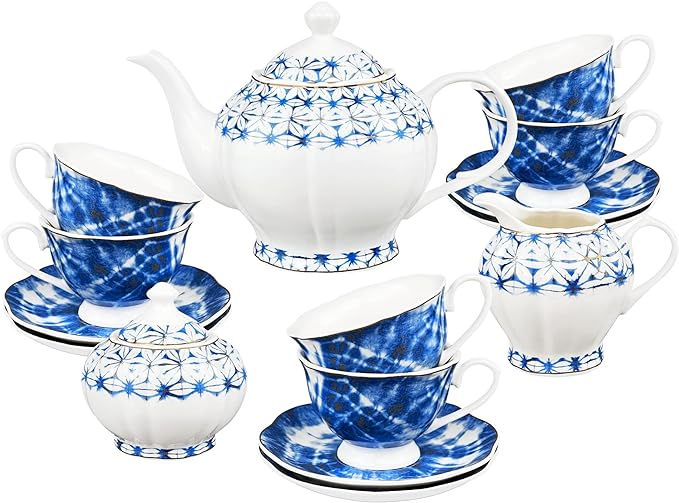 fanquare 21-Piece Vintage Porcelain Tea Sets of 6, Blue Cup Set with Spoon, Tea Party Set for Adults