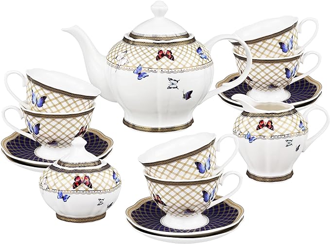 fanquare 21-Piece British Porcelain Tea Sets of 6, Butterfly Tea Cup Set with Spoon, Yellow Tea Party Set for Adults