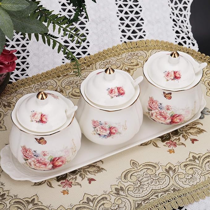 fanquare Sugar Bowl,Flower Cermica Sugar Bowl with Lid,Spoon and Tray,Coffee Sugar Tea Canister Set,Seasoning Box Salt Bowl,Set of 3