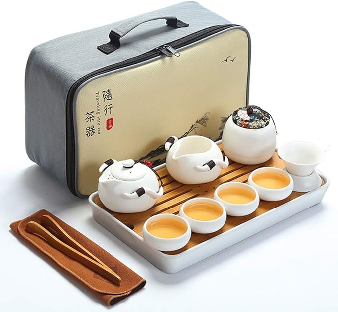 fanquare Portable Travel Tea Set,Handmade Kungfu Tea Set,Porcelain Teapot,Teacups,Bamboo Tea Tray with a Portable Travel Bag,White