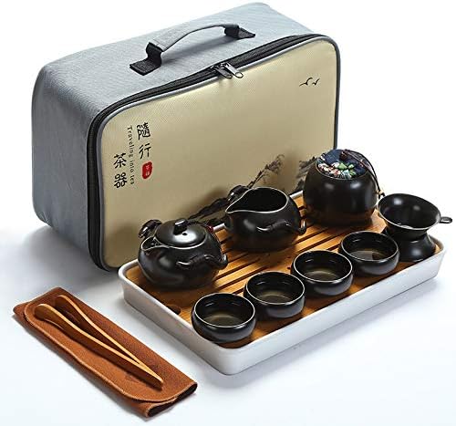 fanquare Portable Travel Tea Set,Handmade Kungfu Tea Set,Porcelain Teapot,Teacups,Bamboo Tea Tray with a Portable Travel Bag,Black