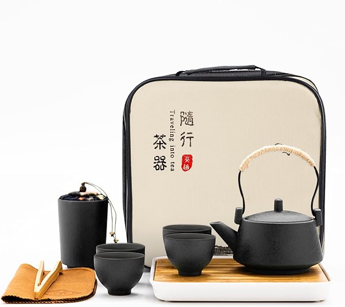 fanquare Chinese Black Ceramic Kungfu Tea Set, Japanese Portable Tea Set with Tray, Travel Tea Set with Teapot