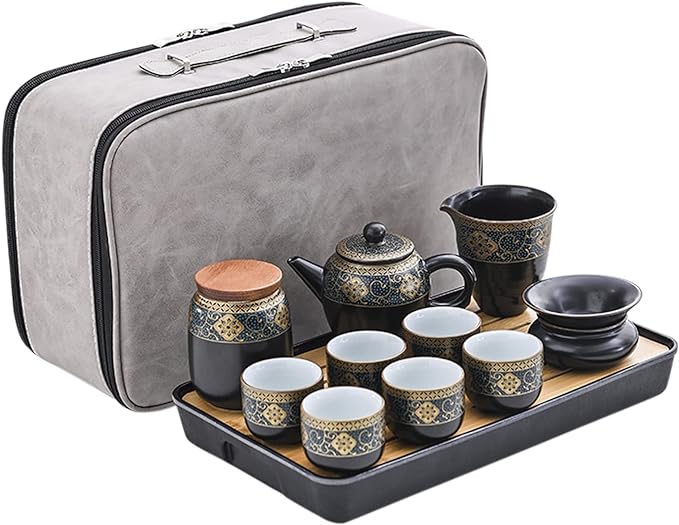 fanquare Chinese Gold Ceramic Kungfu Tea Set, Japanese Travel Tea Set with Tray, Portable Bag, Black Teapot, Tea Strainer