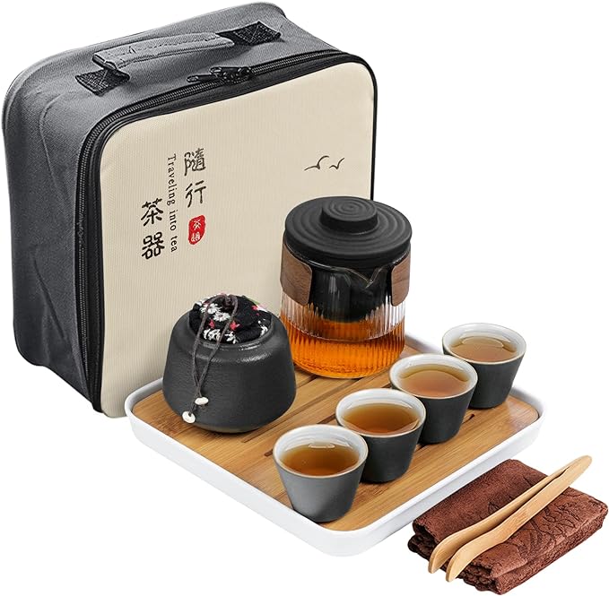 fanquare Chinese Black Kungfu Tea Set, Japanese Portable Tea Set with Tray, Ceramic Travel Tea Set, Gift Tea Set for Adults