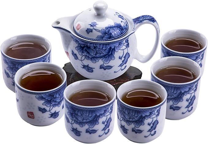 ufengke 7 Piece Chinese Kung Fu Tea Set, Blue and White Porcelain Tea Set, Tea Cups Set of 6, Kungfu Tea Service