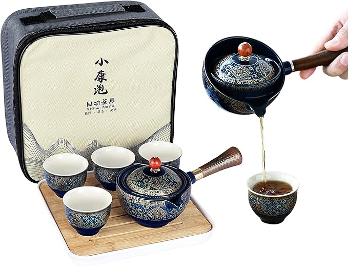 fanquare Porcelain Portable Travel Tea Set, Gold Flower Pattern, 4 Cups, Teapot and Bamboo Tea Tray with Travel Bag, Dark Green