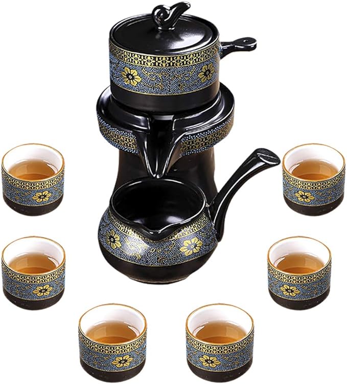 fanquare Chinese Ceramic Kungfu Tea Set,Semi-Automatic Stone Mill Teapot with Strainer,Black Tea Service Set for Adult