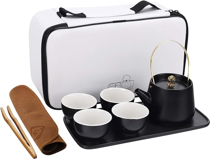 fanquare Japanese Portable Travel Tea Set,Vintage Kungfu Tea Set,Handle Teapot,Four Tea Cups with Ceramic Tea Tray,Black