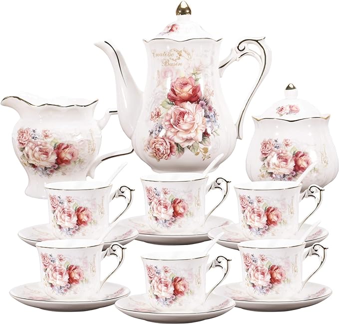 fanquare 15 Pieces Porcelain Vintage Tea Set,Rose Flowers Tea Party Set for Women,Adults,China Coffee Set