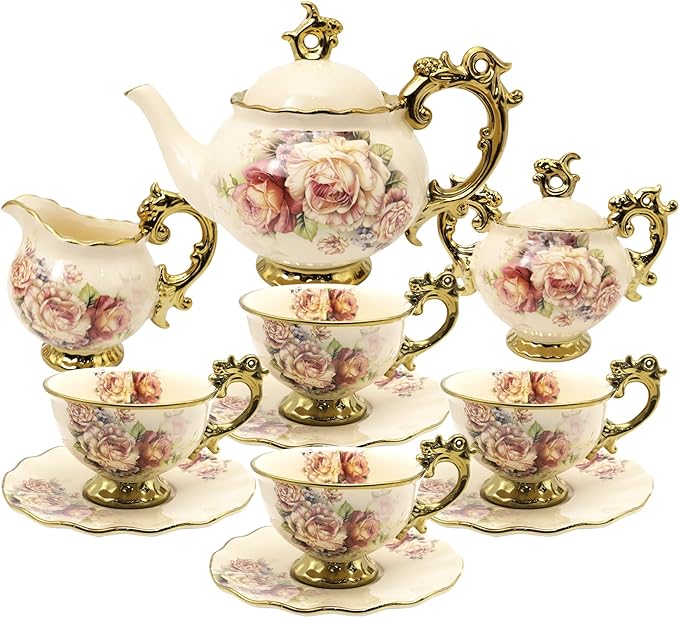 fanquare 15 Pieces British Porcelain Tea Set, Floral Vintage China Coffee Set, Wedding Tea Service for Adult, Big Tea Cup