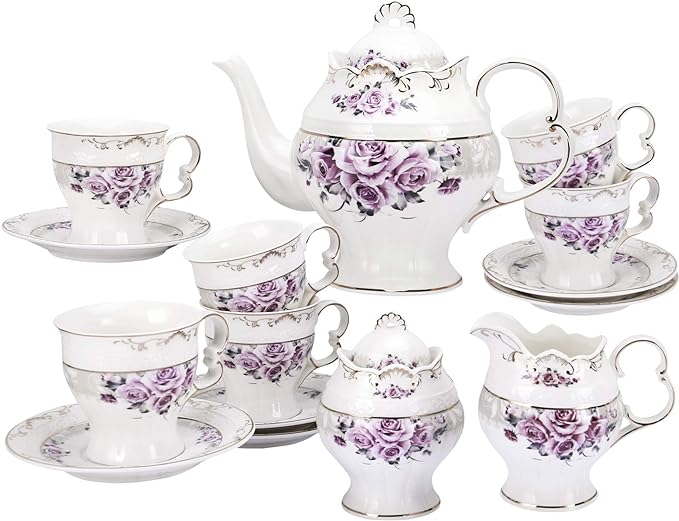 fanquare 15 Piece Porcelain Tea Set for Adults, Wedding Tea Service, Large British Teapot with Cups, Purple Rose