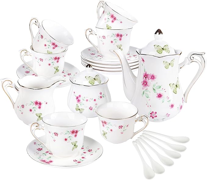 fanquare 21 Piece Porcelain Tea Set for Adults, Coffee Service for 6, White Tea Party Set with Pink Flowers, Green Butterflies