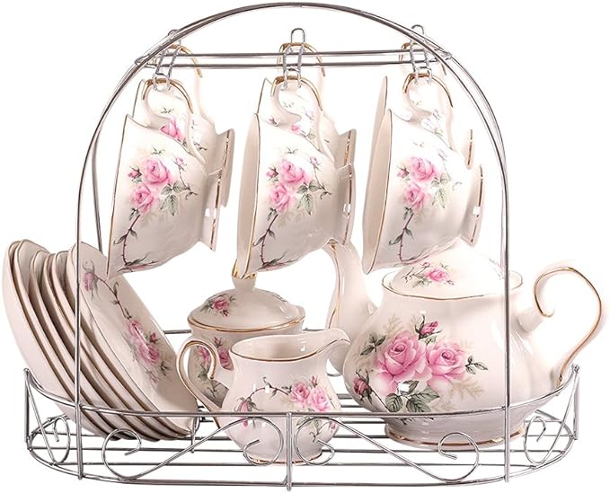 ufengke 15 Piece European Bone China Coffee Cup Set, Ceramic Porcelain Tea Cup Set with Metal Holder, Tea Gift Sets, Pink Camellia Painting