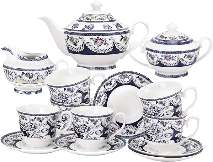 fanquare 15 Piece Blue Vintage Porcelain Tea Set for 6, Tea Party Set for Women, Floral Coffee Set Sercive for 6