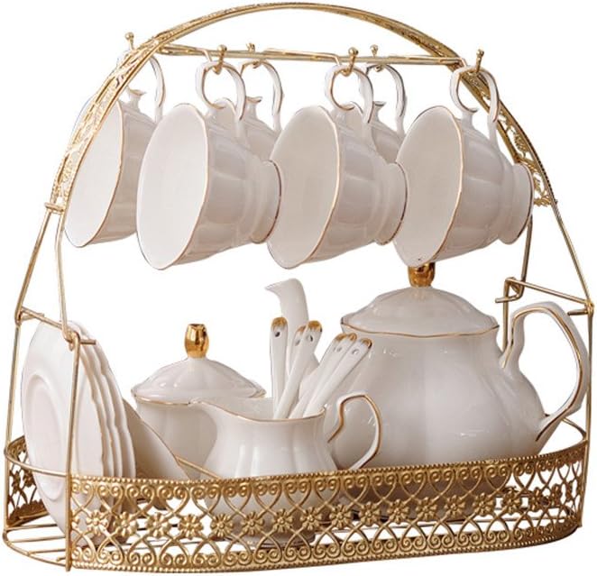 ufengke 15 Pieces Simple White English Ceramic Tea Sets,Tea Pot,Bone China Cups with Metal Holder Matching Spoons,Afternoon Tea Set Service Coffee Set