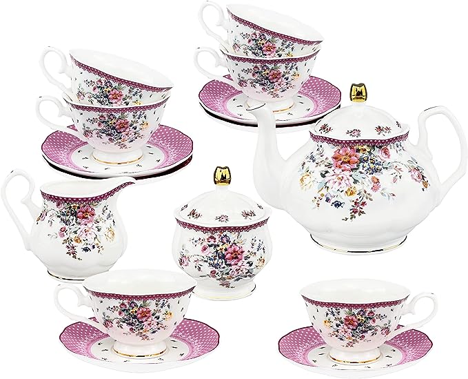 fanquare 21 Piece Vintage Porcelain Tea Set, Pink Floral Coffee Cup Set for 6, Afternoon Tea Set for Women