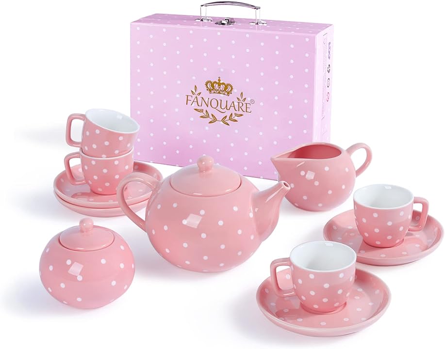 fanquare Play Tea Set for Little Girls, Polka Dot Porcelain Tea Set, Tea Gift Set for Holiday, Pink Tea Set