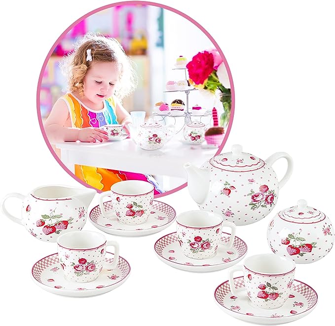 fanquare Porcelain Tea Set, Small Tea Set for Adult, Kids, Portable Tea Set for Party, Pink Roses