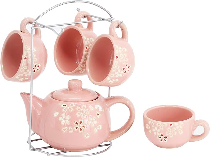 ufengke 6 Pieces Plum Blossom Ceramic Tea Set for Adults,Kids,Childrens Tea Sets,Small Floral Coffee Tea Set,Pink