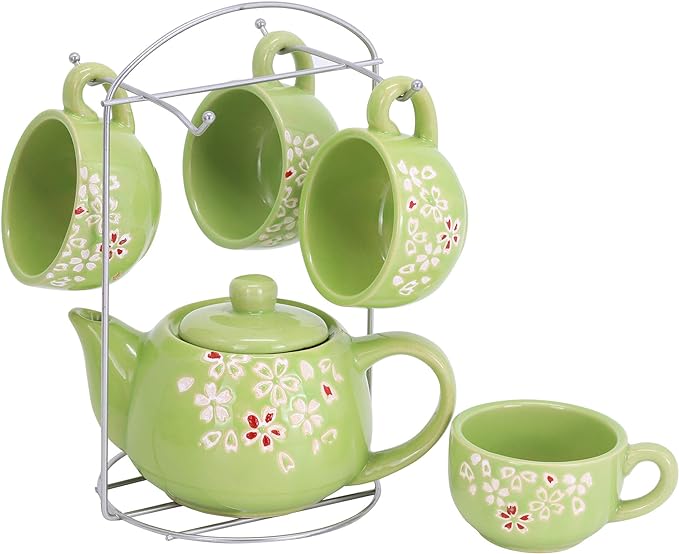 ufengke 6 Pieces Plum Blossom Ceramic Tea Set for Adults,Kids,Childrens Tea Sets,Small Floral Coffee Tea Set,Green