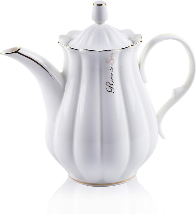 ufengke 51oz White Ceramic Coffee Pot,Ruffled with Golden Side Porcelain Teapot,Large Capacity Pumpkin Fluted Shape Coffee Pot Product Name