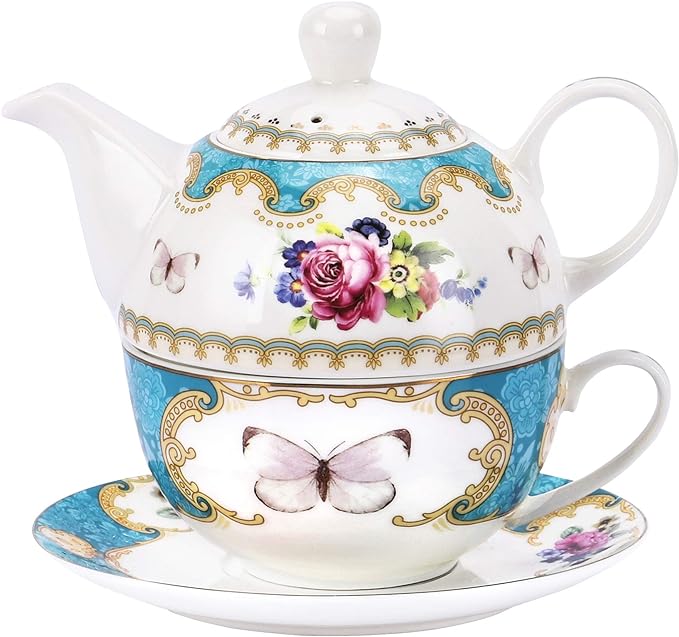 fanquare English Porcelain Tea for One Set, Floral Teapot with Cup, Blue Tea Cup and Saucer Set