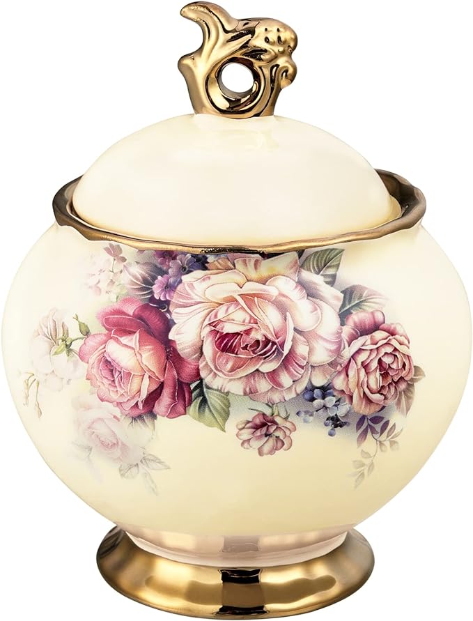 fanquare Vintage Porcelain Sugar Bowl with Lid, 12 Ounce Large Ceramic Sugar Jar with Lid, Floral Porcelain Coffee Creamer Sugar Holder for Kitchen Countertop, Coffee Bar