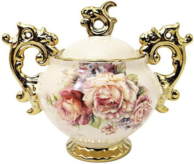 fanquare Gold Porcelain Sugar Container, Floral Sugar Holder for Coffee Bar, 12 Ounce Ceramic Sugar Bowl with Lid for Countertop, Kitchen Sugar Jar Vintage