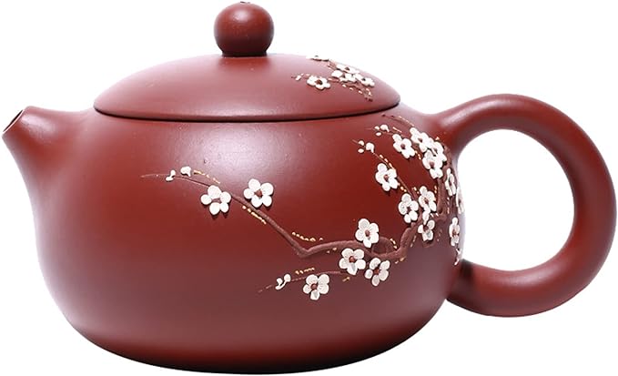 fanquare Chinese Yixing Purple Clay Teapot, White Plum Blossom Xishi Pot, Handmade Ceramic Teapot, 8.5oz