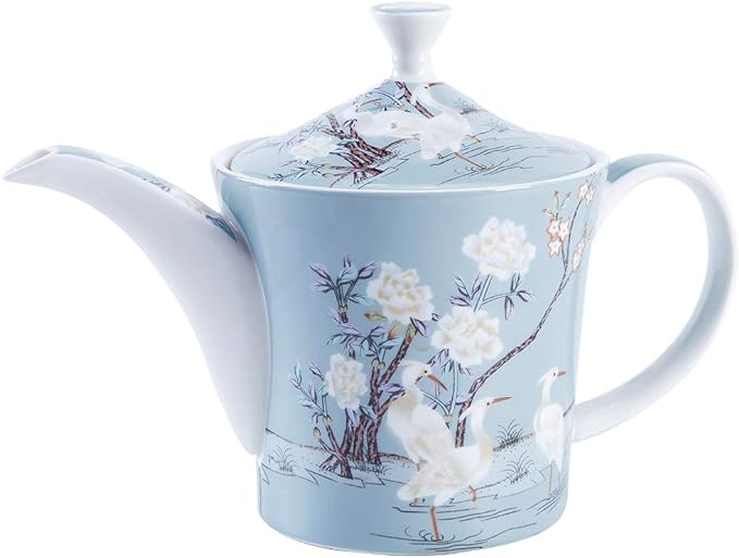 fanquare 27oz Blue Fine Bone China Coffee Pot,Colored Flowers,White Crane Porcelain Teapot