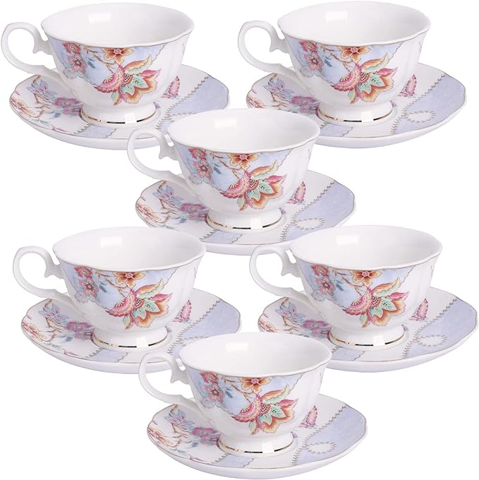 fanquare Floral Coffee Cups Set of 6(5 oz), Porcelain Cappuccino Cups with Saucers, Tea Cup for Birthday Wedding Party, Purple