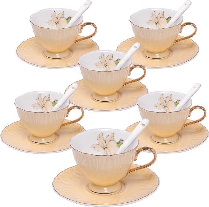 ufengke 4oz Coffee Cup Set,Small Capacity Porcelain Coffee Tea Sets,Set of 6 Ceramic Tea Cup and Saucer-Dark Yellow