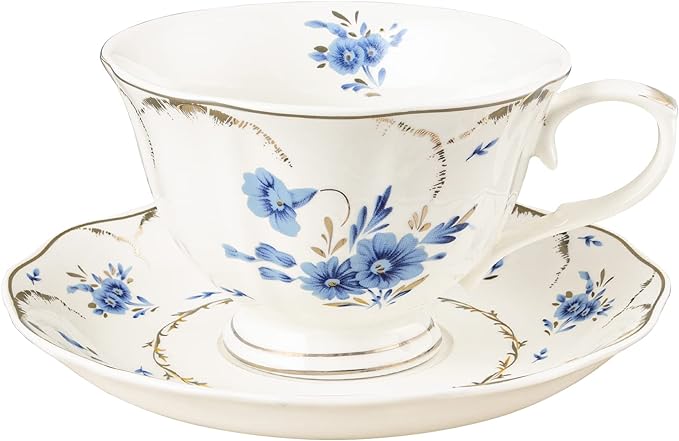 fanquare Blue Tea Cup and Saucer Set for 1, Floral Coffee Cup with Plate Set, English Porcelain Tea Cup, 7.4oz