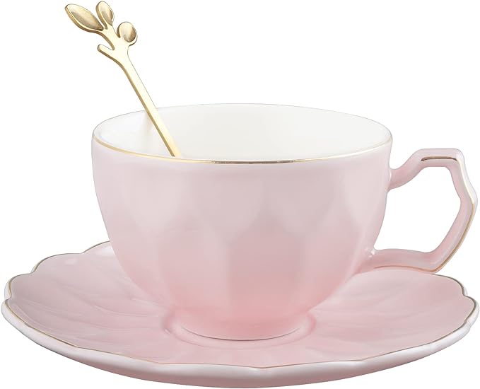 fanquare 3 Piece Porcelain Cup and Saucer Set with Spoon, Vintage Pink Coffee Cup for Latte, Mocha, 7 Ounce