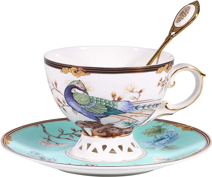 fanquare 7oz Blue Bird Fine Bone China Coffee Cup, Peacock Porcelain Tea Cup and Saucer Set, Cappuccino Cup